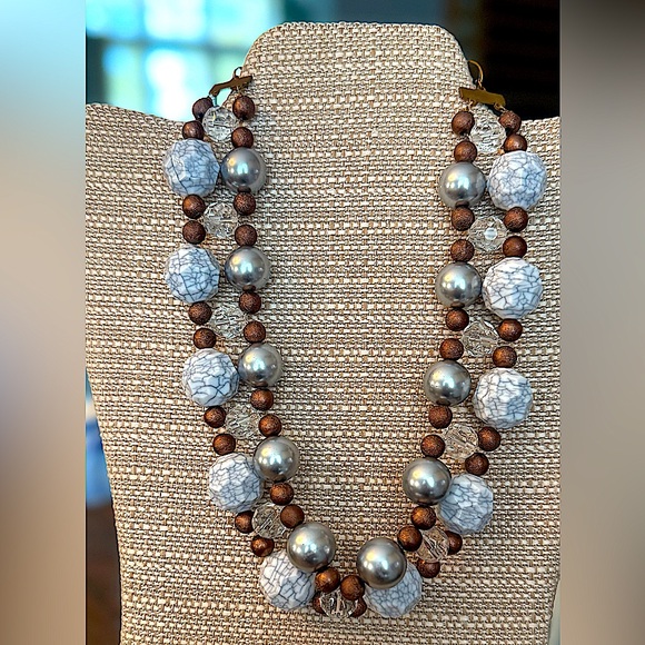 Lenora Dame Jewelry - Lenora Dame Faux Pearl Wood Stone Beaded Elegant Statement Necklace 18”